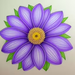 a large flower with green leaves painted on it,purple flower with green leaves on white surface,there is an artistic drawing of purple flowers,a drawing of a purple flower on a white background,a bright purple flower with leaves around the petals