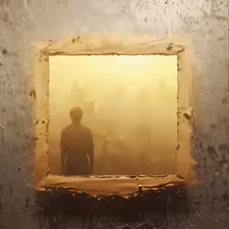 a boy standing in front of a window in a grungy room