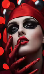 a woman with red makeup wearing red and black