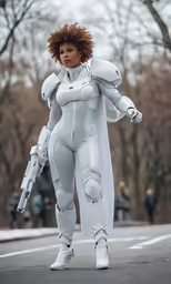an overweight woman in a full suit holds a gun as she stands on a road with others in the background