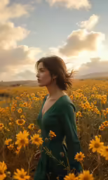 the young woman stands in the field with many flowers