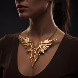 a woman with long hair and a necklace in gold