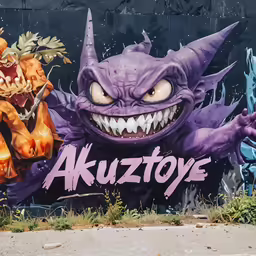 a graffiti art with various color dragon heads