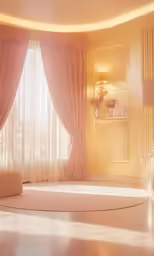 the large white circular living room has windows