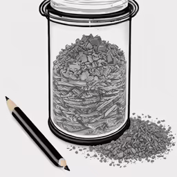 a drawing of a glass jar filled with gravel