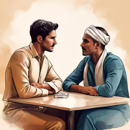 a drawing of two men sitting at a table, looking at each other