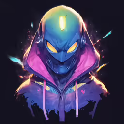 a blue man with glowing eyes stands in front of dark background
