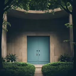 an arched cement wall, doorway and a set of stone steps