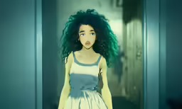 an animated girl with a green hair standing in a doorway