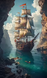 the pirate ship sailing along side a cliff