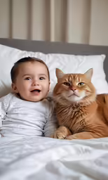 a baby is lying on a bed with a big cat