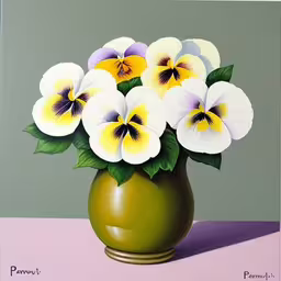 a painting of white and yellow flowers in a green vase,there is a green vase filled with white and yellow pansies