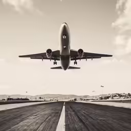 black and white photo of a passenger plane taking off