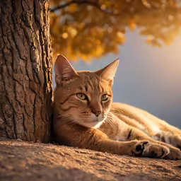 a cat lying down under a tree in the afternoon