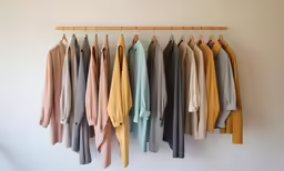 clothes hanging up in front of a wooden rack