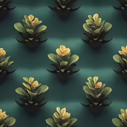 large plant like objects are arranged on a green surface