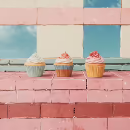 three cupcakes with sprinkles on top sit next to each other on the pink brick wall outside a window