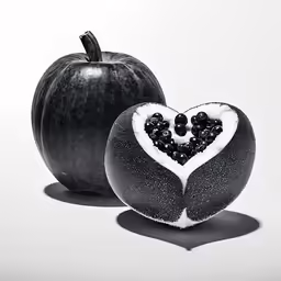 an apple, an apple core and two berries in the middle