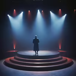 the man in the dark stands on a stage surrounded by spotlights
