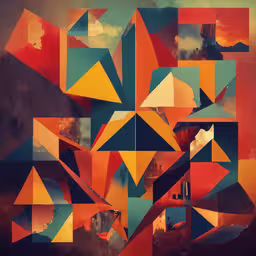 abstract painting of triangular shapes in red and yellow,some colorful geometric shapes floating and spinning