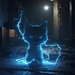 an animated cat with bright blue eyes and spark lights