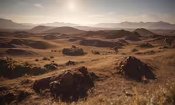 a view of a rocky field with some hills in the distance