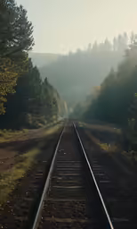 the train tracks in the distance have a long line of trees
