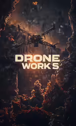 the words, drone works are overlaid by a photo of a helicopter