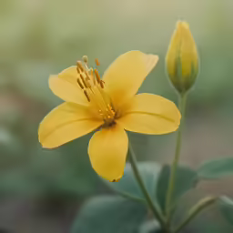 a yellow flower blooming on a green plant