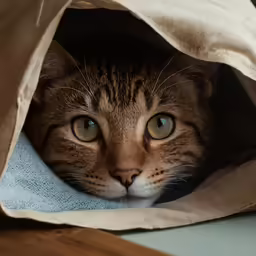 an orange and black cat poking its head out of a beige bag