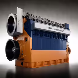 an engine is shown with a blue and orange paint scheme