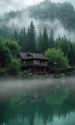 a house on the shore of a lake with fog