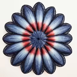 a red, white and blue flower is seen from above