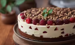 a large white cake topped with raspberries and chocolate chips