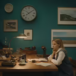 there is a woman at the table looking at a piece of paper