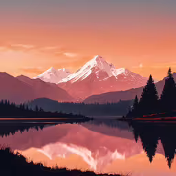the sunset at the mountain with pink and yellow colors in sky,a large mountain covered in snow sitting near a lake
