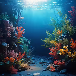 the underwater scene shows blue water and rocks