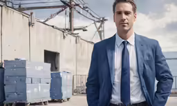 a man in a suit standing outside with many crates behind him