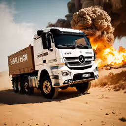 a truck in the desert by a huge object in the sky,a truck going down a road with smoke coming from it