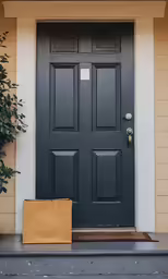 a cardboard box is sitting in front of the front door of a house