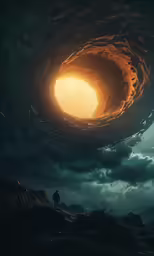 a man is sitting in a large tube while the sun is rising