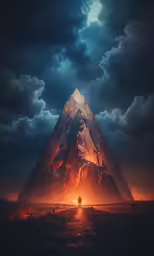 a mountain with a man standing in front of it under cloudy skies