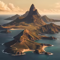 two mountains sitting on top of a body of water