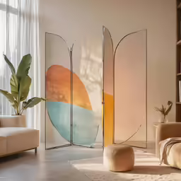 an open room divider with a painting on the wall