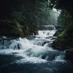 a small waterfall that is flowing into some water
