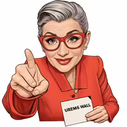 an older lady in glasses pointing at her name tag