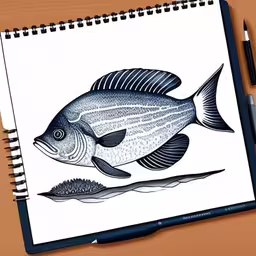 a blue and black fish sitting on top of a table,a pencil drawing of a fish on top of paper,the pencil drawing of a fish is next to an empty cup,a black and white drawing of a fish on a notepad,a penciled drawing of a fish on a paper