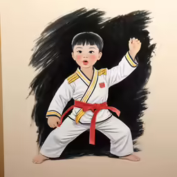 a kid standing on a stage holding a karate gaidee