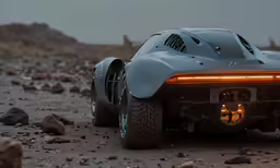 a modified racing car in the dirt near rocks