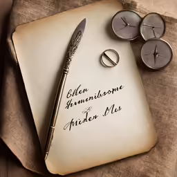 a pen, ring, and some candles are on top of an old paper